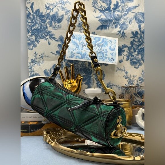 🆕 VIVIENNE WESTWOOD 🧿 NWOT Cindy Cylinder Shoulder Bag, Green Metallic AUTH - Picture 4 of 16